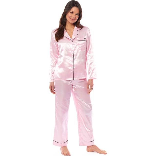 Luxurious Women's Satin Silk Long Sleeve Pyjama Set Cozy Loungewear Nightwear with Dress Shirt Collar and Loose-Fitting Pants in Black Pink Grey by Daisy Dreamer, LARGE | UK 16-18 / PINK