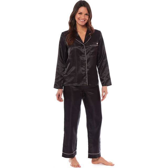 Luxurious Women's Satin Silk Long Sleeve Pyjama Set Cozy Loungewear Nightwear with Dress Shirt Collar and Loose-Fitting Pants in Black Pink Grey by Daisy Dreamer, LARGE | UK 16-18 / BLACK
