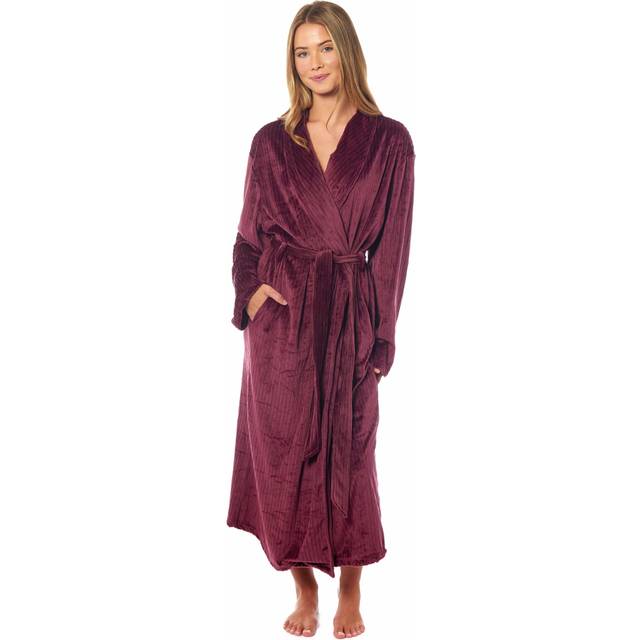 Women's Stripe Jacquard Soft Warm Long Dressing Gown with Belt and Pockets Cosy Shawl Collar Loungewear Robe By Daisy Dreamer, SMALL | UK 8-10 / WINE
