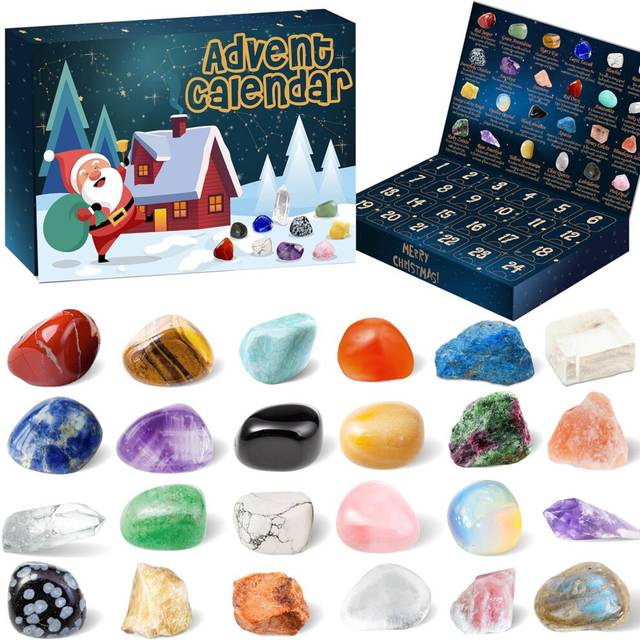 (Green) Christmas Advent Calendar Natural Crystal Gemstones Collection Box 24 Days Count