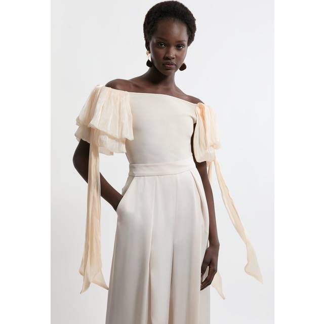 Bandage Figure Form Knit Tassel Sleeve Detail Top - Neutral