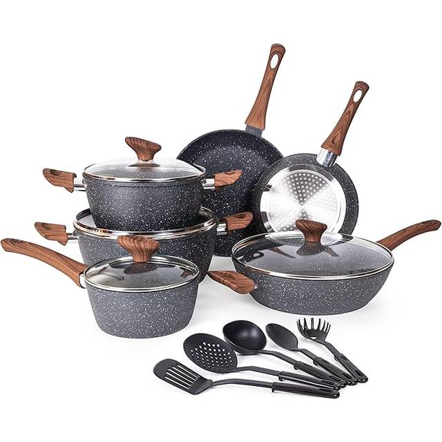 SHEIN Non Stick Pots And Pans Set â Induction Hob Pots Set â 15pcs Kitchen Cookware With Lids â Cooking Marble Saucepan Pots - By Nuovva