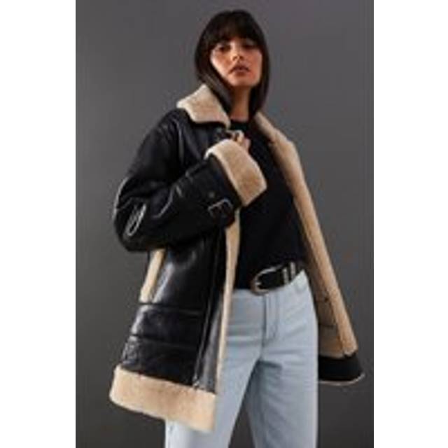 Womens Real Leather Aviator Jacket With Faux Fur Trim - Black - 8