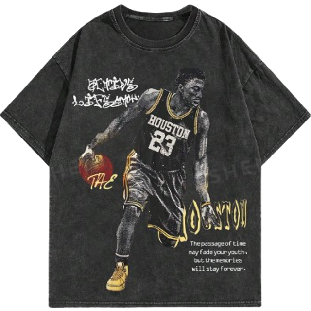 ROMWE MEN Men&#39;s Portrait Printed Crinkle Short Sleeve Basketball Jersey Style T-Shirt, Suitable For Daily Wear In Spring And Summer, School