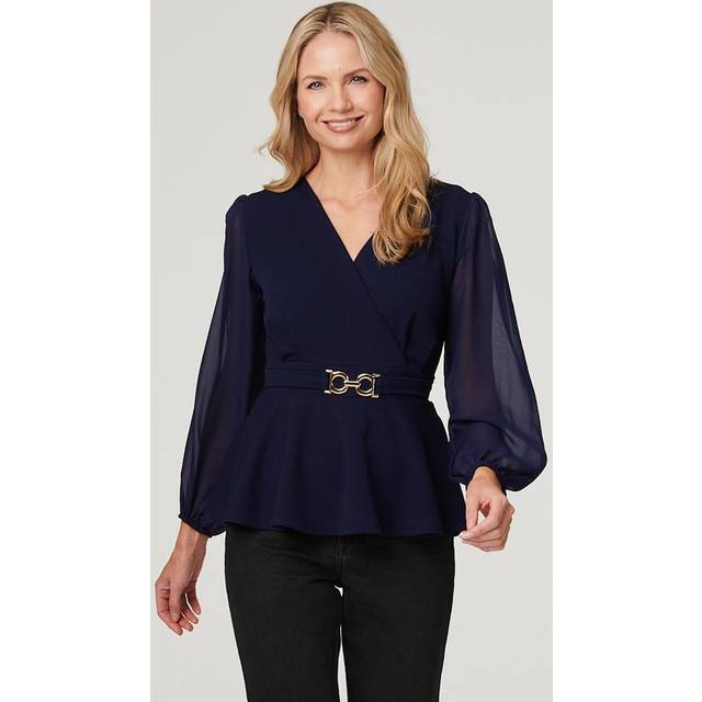 Sheer Sleeve Wrap Front Blouse - Navy - Size 8 - Izabel London