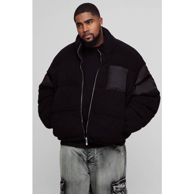 Plus Borg & Nylon Funnel Neck Puffer Jacket In Black - XXL
