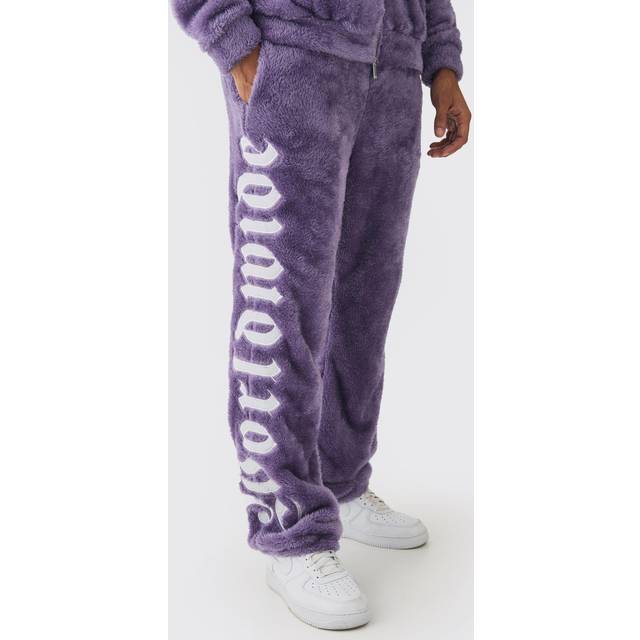 Mens Purple Regular Fit Worldwide Large Applique Teddy Borg Joggers