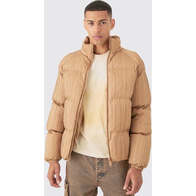 Pleated Funnel Neck Puffer Coat In Camel - Beige - M
