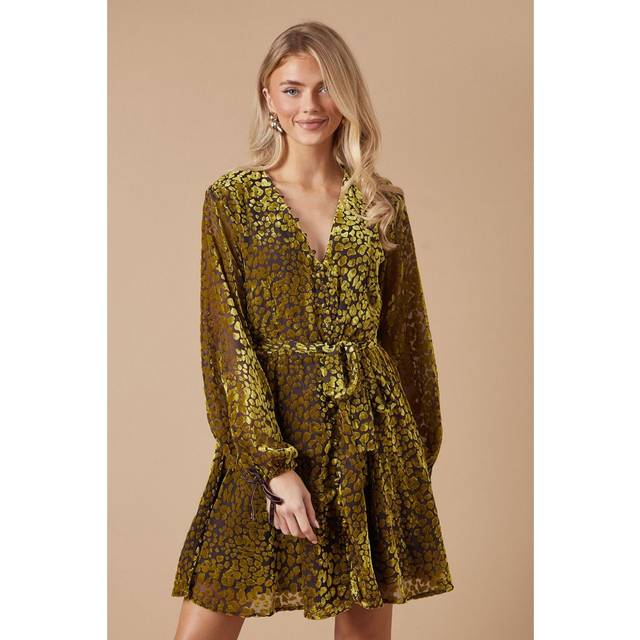 Oasis Womens Devore Long Sleeve Button Detail Mini Dress - Animal - Size 6 UK
