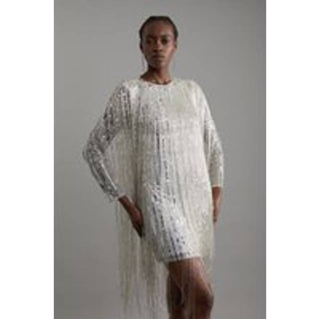 Petite Embellished And Beaded Tassel Woven Mini Dress - Silver
