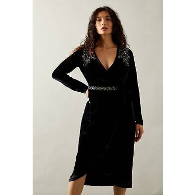 Womens Occasion Velvet Embellished Sequin Wrap Midi Dress - Black - 10