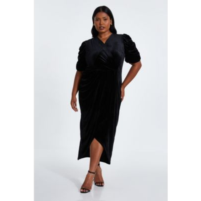 Quiz Women's Plus Size Black Velvet Draped Midi Dress Curves New Look - UK 26
