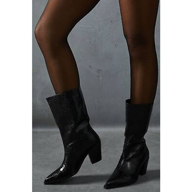 Misspap womens cowboy boots black croc western low heel mid calf pointed toe