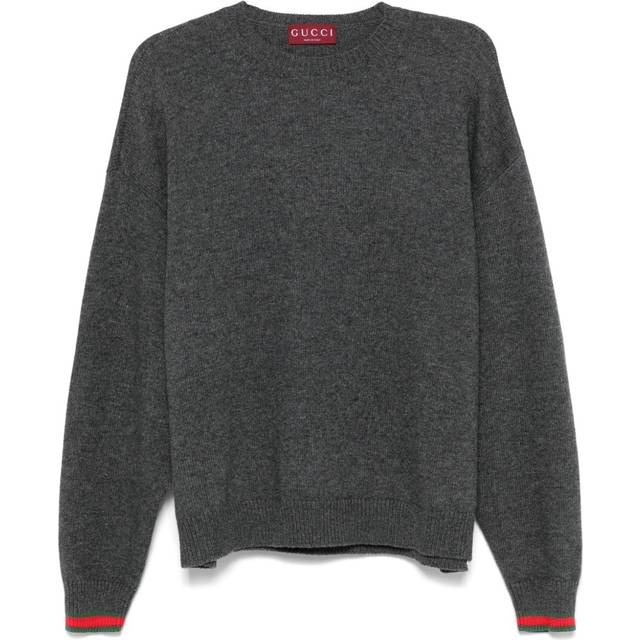 Gucci, Stickade tröjor & koftor, Dam, M, Kashmir, Grå ull-kashmirtröja med webb-randdetalj - gray (M)
