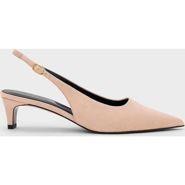 Charles & Keith - Faux Suede Pointed-Toe Kitten-Heel Slingback Pumps - Nude - UK 4