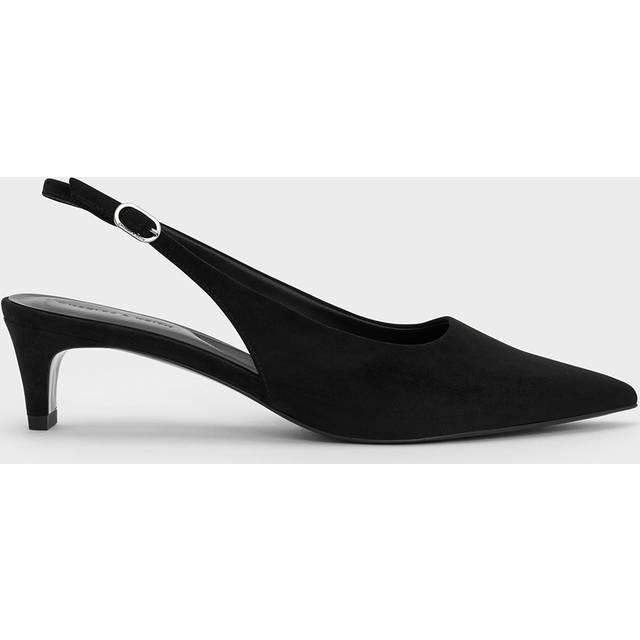 Charles & Keith - Faux Suede Pointed-Toe Kitten-Heel Slingback Pumps - Black Textured - UK 6