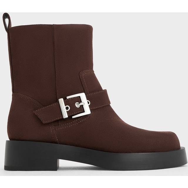 Charles & Keith - Faux Suede Buckle-Strap Biker Boots - Dark Brown - UK 7