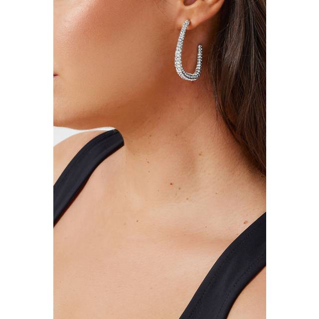 Silver Diamante Curve Hoop Earrings - One Size