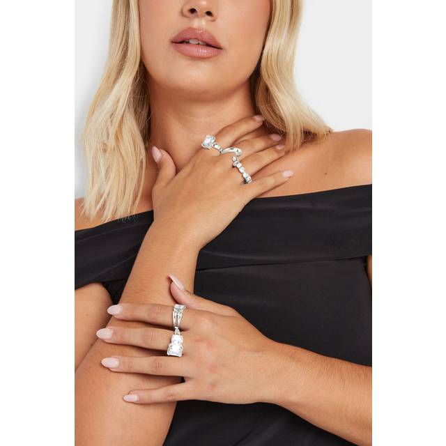 5 Pack Silver Tone Diamante Ring Set - One Size