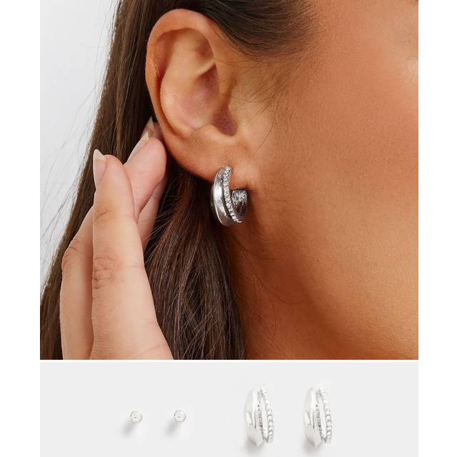 2 Pack Silver Diamante Hoop Earrings - One Size
