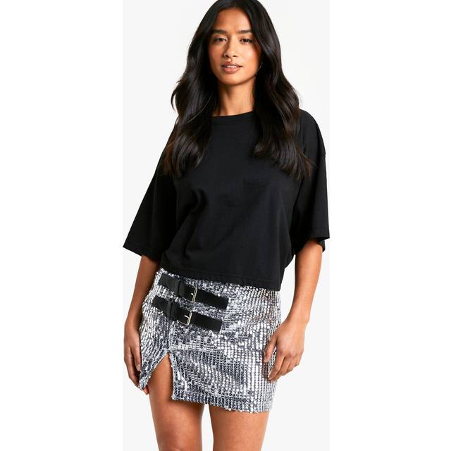 Womens Petite Buckle Detail Sequin Mini Skirt - Grey - 8, Grey
