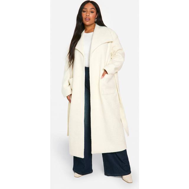 Womens Plus Brushed Shawl Collar Belted Coat - White - 22, White
