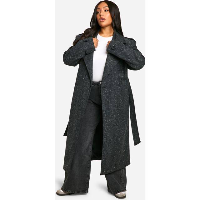 Womens Plus Textured Wool Look Trench Coat - Grey - 18