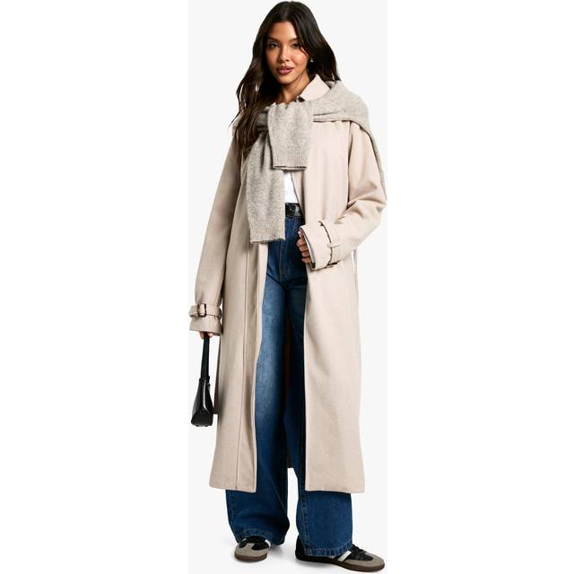 Womens Belted Herringbone Wool Look Coat - Beige - 8, Beige