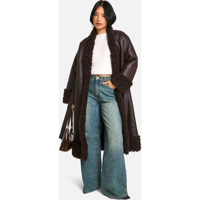 Womens Petite Teddy Trim Belted Faux Leather Coat - Brown - 12, Brown