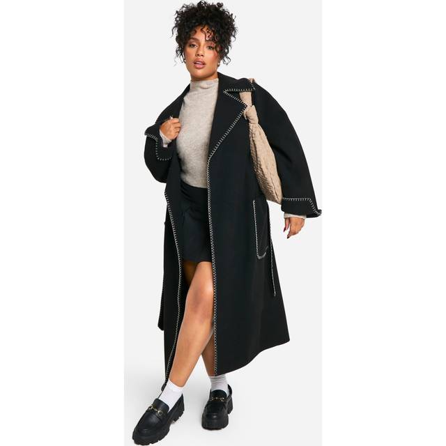 Womens Plus Contrast Stitch Belted Wool Look Coat - Black - 20