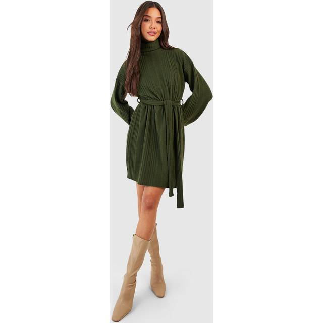 Womens Textured Rib Roll Neck Skater Dress - Green - 12, Green