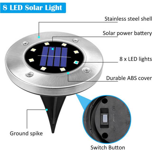 Solar Garden Flat Buried Light 8-LED Outdoor Disk In-Ground Light Garden Pathway
