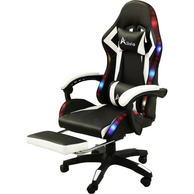 360 Degree Swivel LED Gaming Chair with Footrest Lumbar Support Back Support - White - One Size