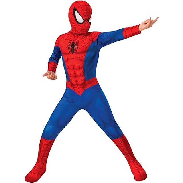 Rubies Spindelmannen-dräkt för pojkar, med bifogade stövelöverdrag och officiell tygmask The Marvel Spider-Man-kostym, L (12–14)