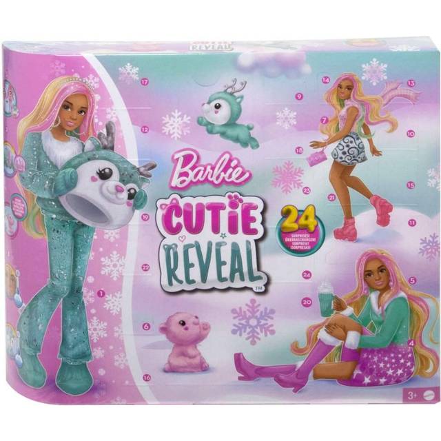 Barbie Cutie Reveal-adventskalender med docka och 24 överraskningar, julkalender med färgförändring, HJX76