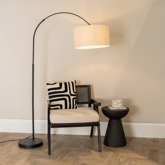 ValueLights Louis White Edge Drum Lamp Shade Black Metal Arched LED Floor Lamp - 177 x 45 x 45cm