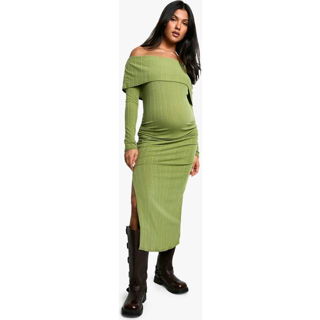 Womens Maternity Wide Soft Rib Deep Bardot Long Sleeve Side Split Midaxi Dress - Green - 10, Green