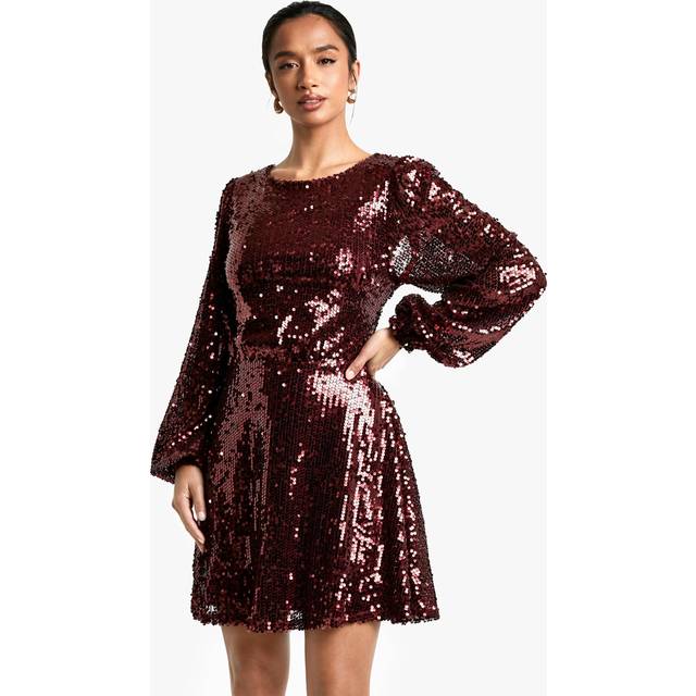 Womens Petite Sequin Tie Back Skater Dress - Red - 14, Red