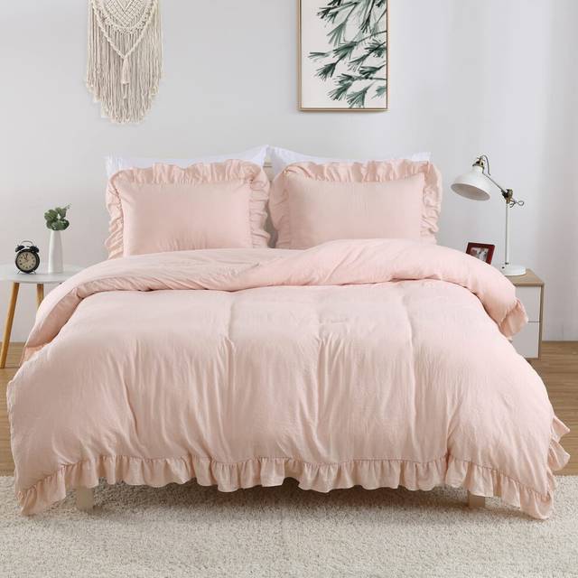 Ruffle Duvet Cover King Size  3PCS Soft Washed Microfiber Vintage French Country Duvet Cover Set with Button Closure  Pink  104x90 in