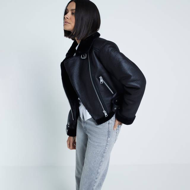 River Island Womens Black Belted Crop Aviator Jacket - 8