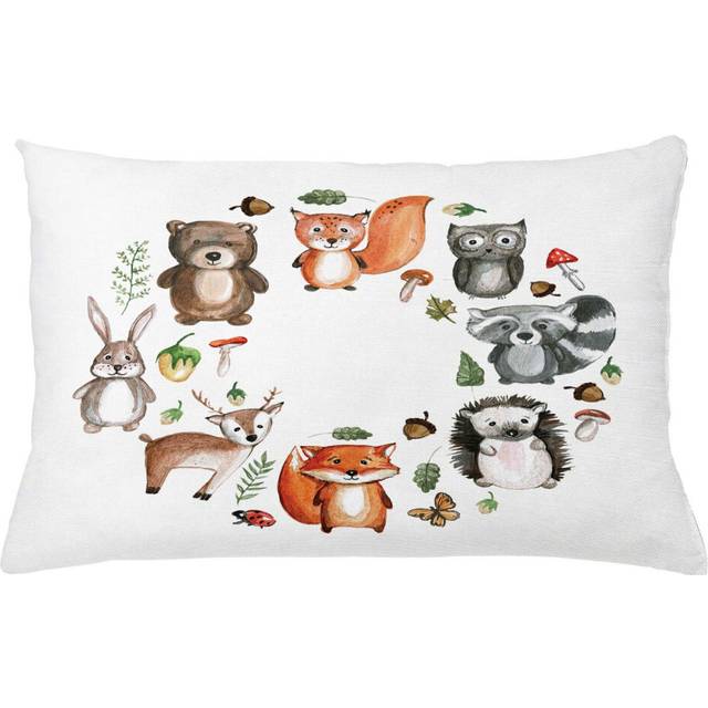 Lunarable Woodland Throw Pillow cushion cover  Animals of The Forest with Mushrooms Acorns circular Frame cartoon Pastel colors  Decorative Rectangle
