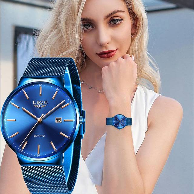 LIGE Womens Watches Top Brand luxury Analog Quartz Watch Women Full Blue Mesh Stainless Steel Date Clock Fashion Ultra-thin Dial black