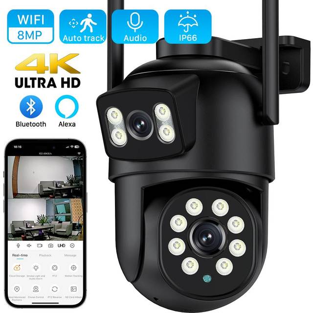 New 8MP 4K Dual Lens PTZ IP Camera with Dual Screen 4MP HD 4X Digital Zoom Auto Tracking Wireless Outdoor Surveillance Camera iCSee 4MP NO SD Card