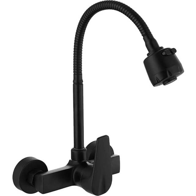 Cyslmuk - Wall Mounted Kitchen Faucet, 360° Swivel Sink Mixer Tap, Black Brass Swivel Spout, Flexible Hose