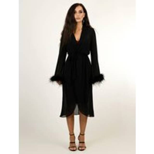 Ostrich Feather Trimmed Midi Wrap Dress - Black - 14