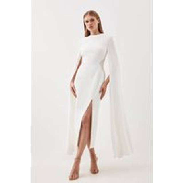 Tailored Compact Stretch Viscose Cape Mesh Panel Midi Dress - Ivory