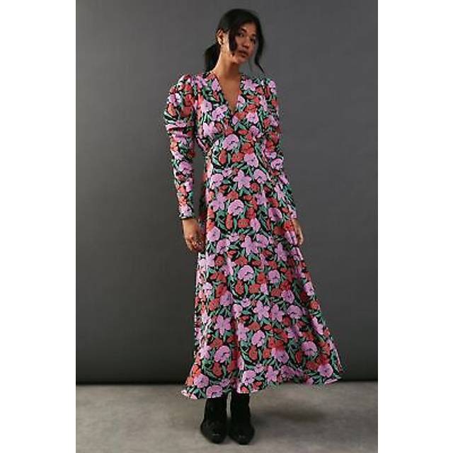 Warehouse Womens Floral Viscose V Neck Long Puff Sleeve Midi Dress - Size 8 UK