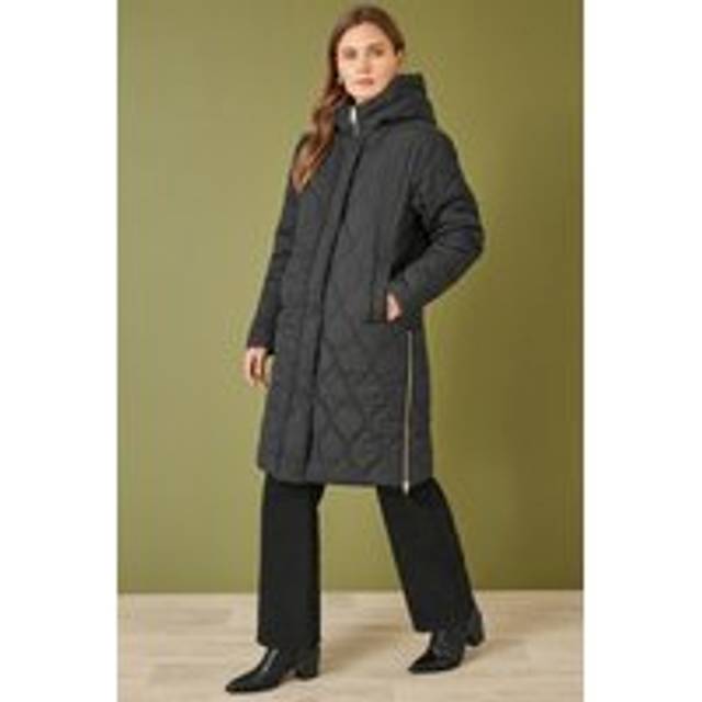 Yumi Black Padded Quilted Long Coat With Zip Detail And Hood - Size 8 UK - Yumi
