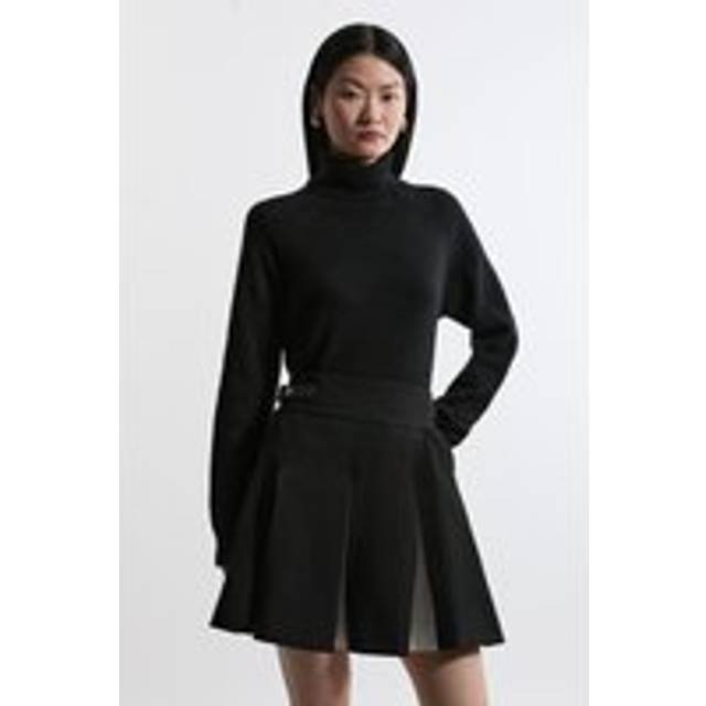Compact Stretch Colour Block Pleated Tailored Mini Skirt - Black