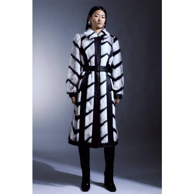 Panelled Stripe Faux Fur Pu Belted Long Coat - Mono